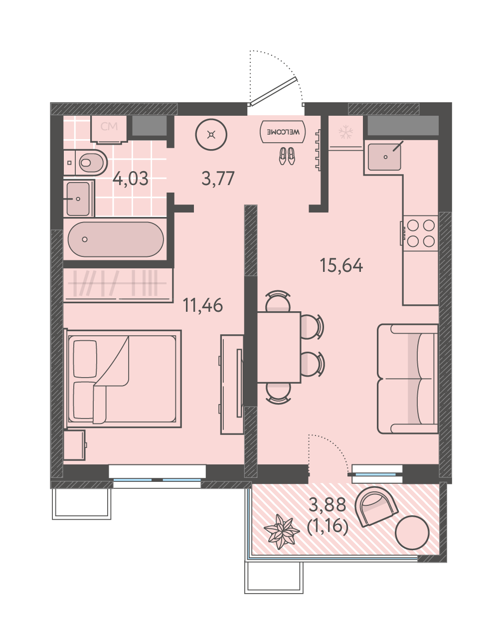 Планировка 1-комнатная 36,06 м²