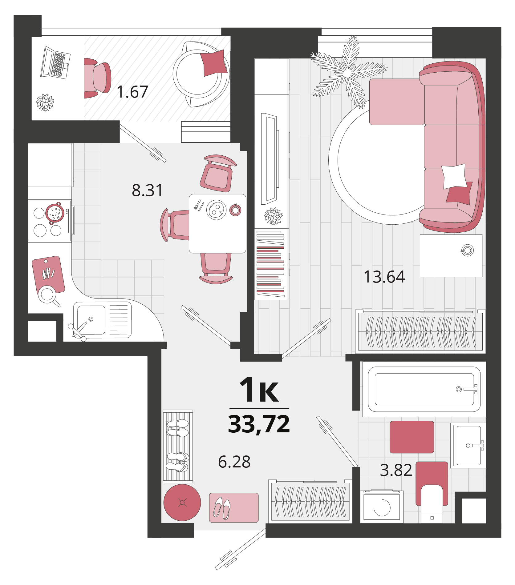 Планировка 1-комнатная 33,3 м²