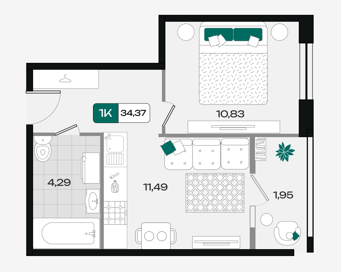 Планировка: 1-комн. квартира 34,4 м²
