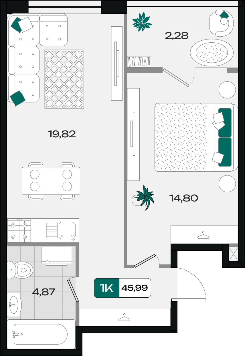 Планировка: 1-комн. квартира 46 м²