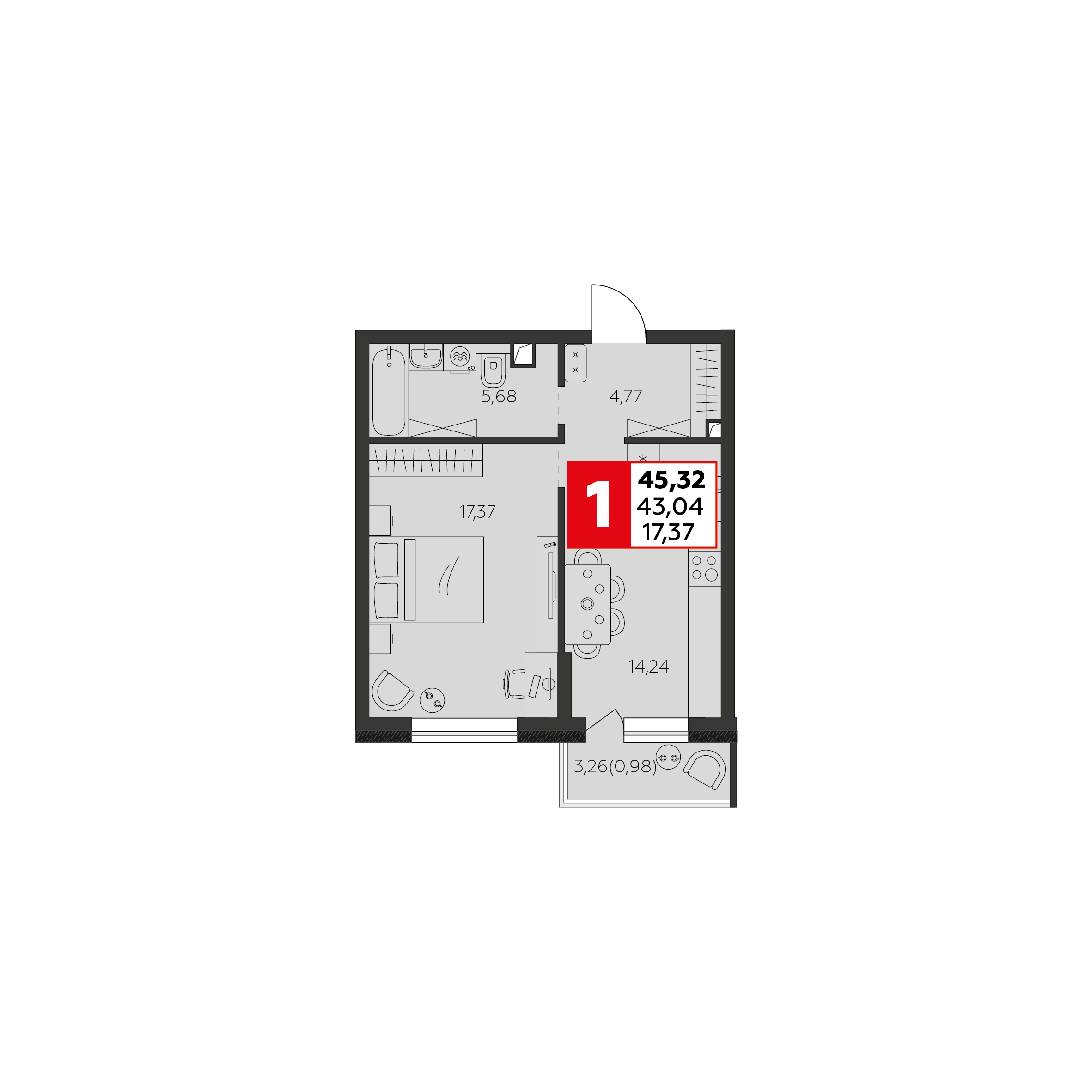 Планировка 2-комнатная 43,04 м²