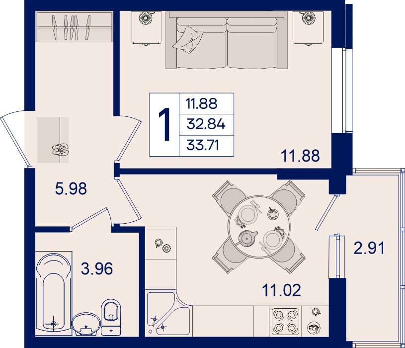 Планировка: 1-комн. квартира 33,7 м²