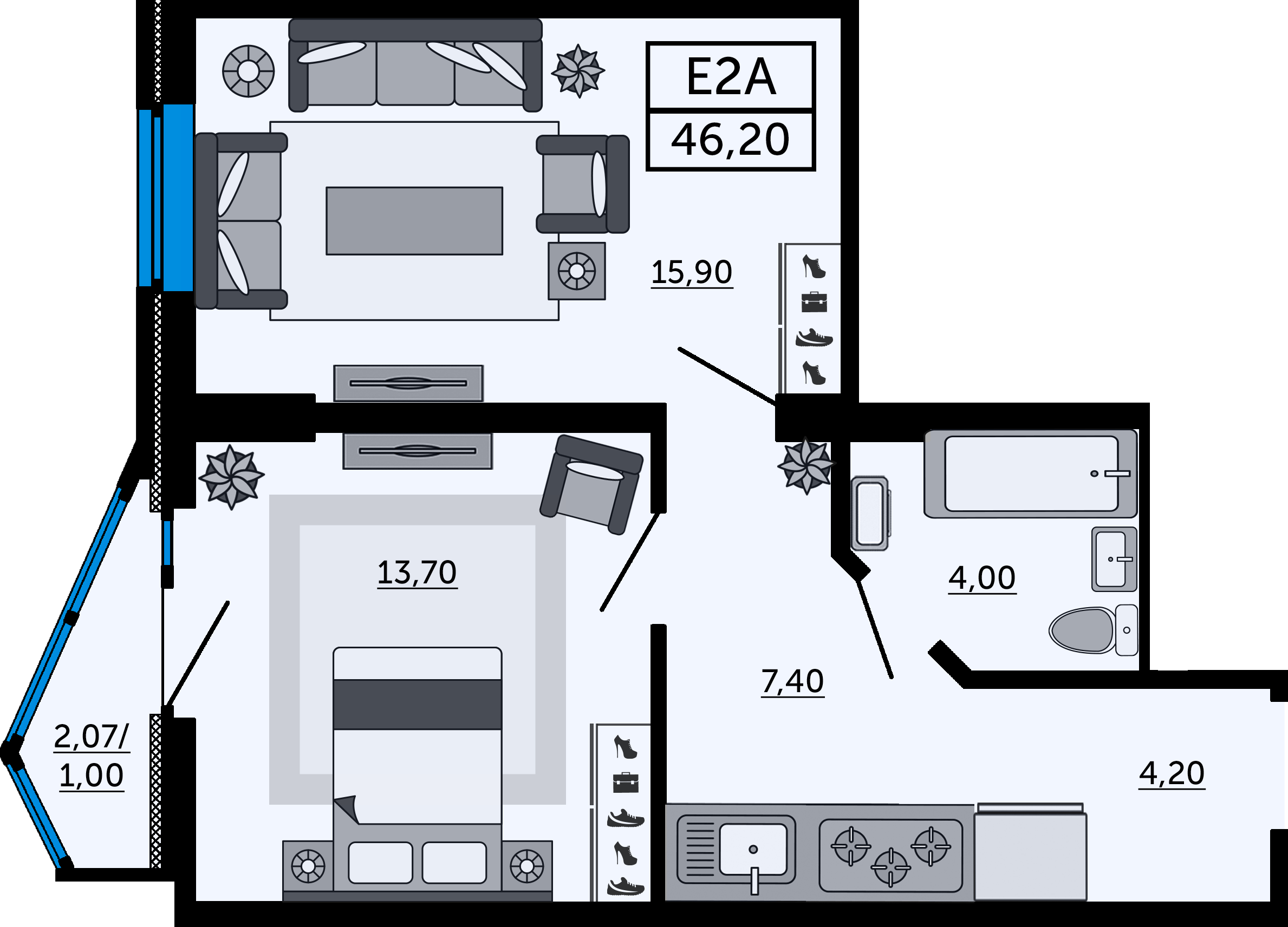 Планировка 2-комнатная 45,3 м²