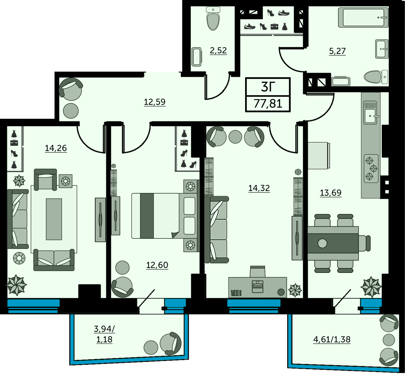 Планировка 3-комнатная 77,2 м²