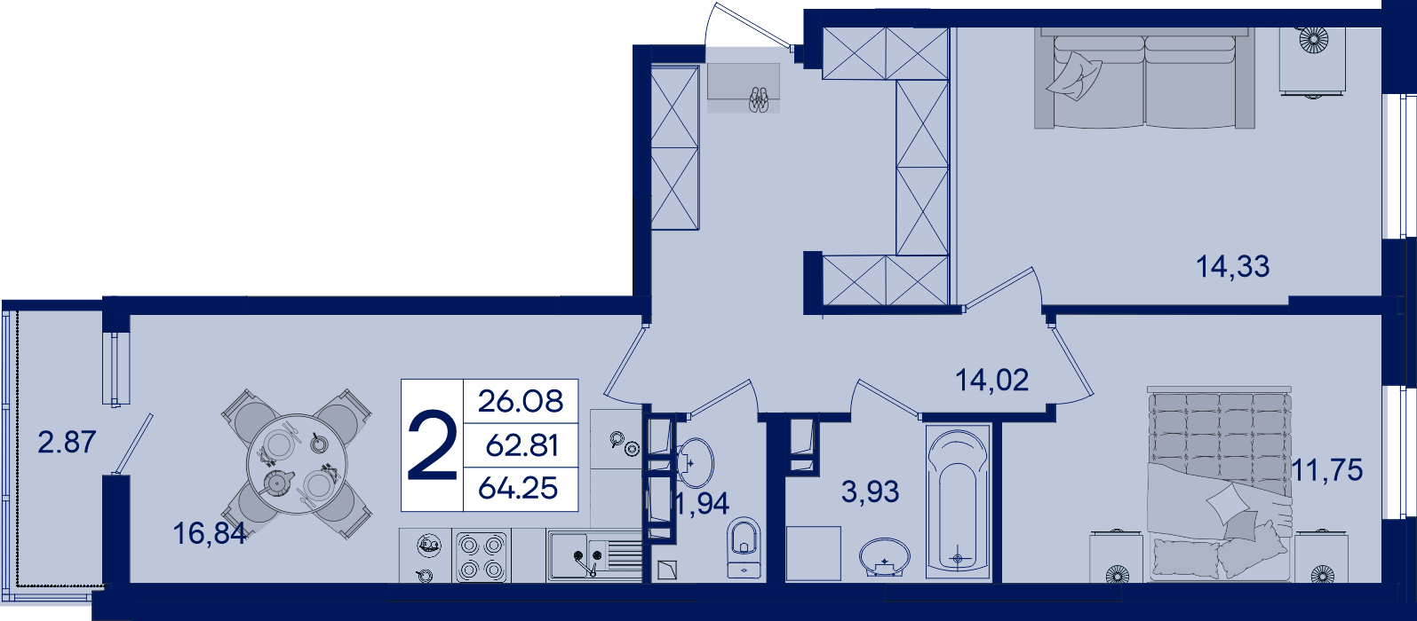 Планировка: 2-комн. квартира 64,3 м²
