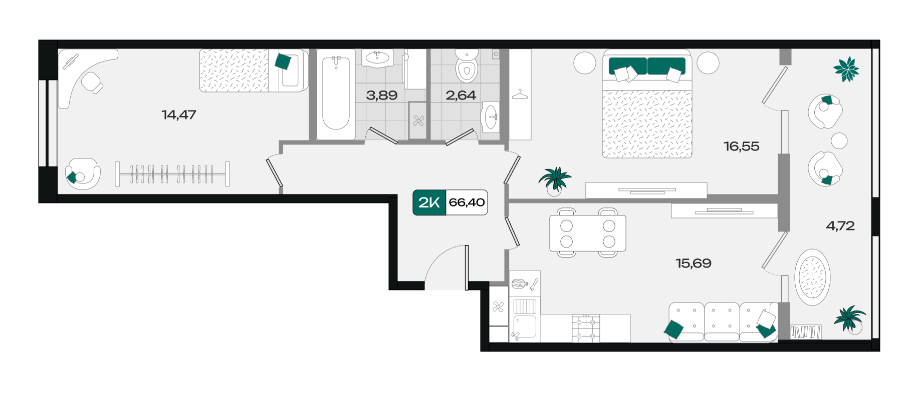 Планировка: 2-комн. квартира 66,4 м²