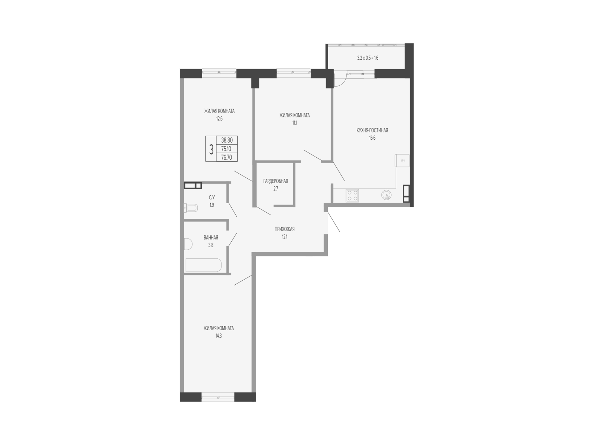 Планировка 3-комнатная 78,5 м²