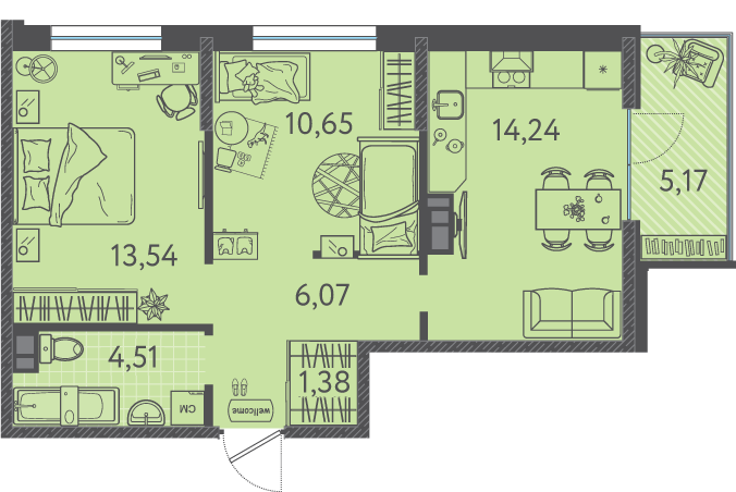 Планировка 2-комнатная 51,44 м²