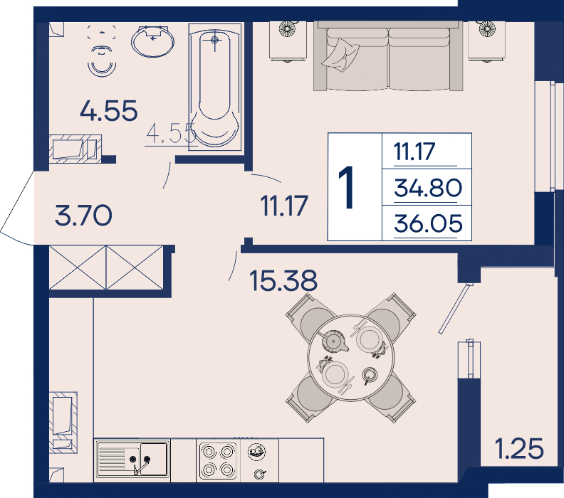 Планировка: 1-комн. квартира 36,1 м²