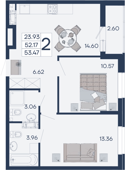 Планировка 2-комнатная 53,47 м²
