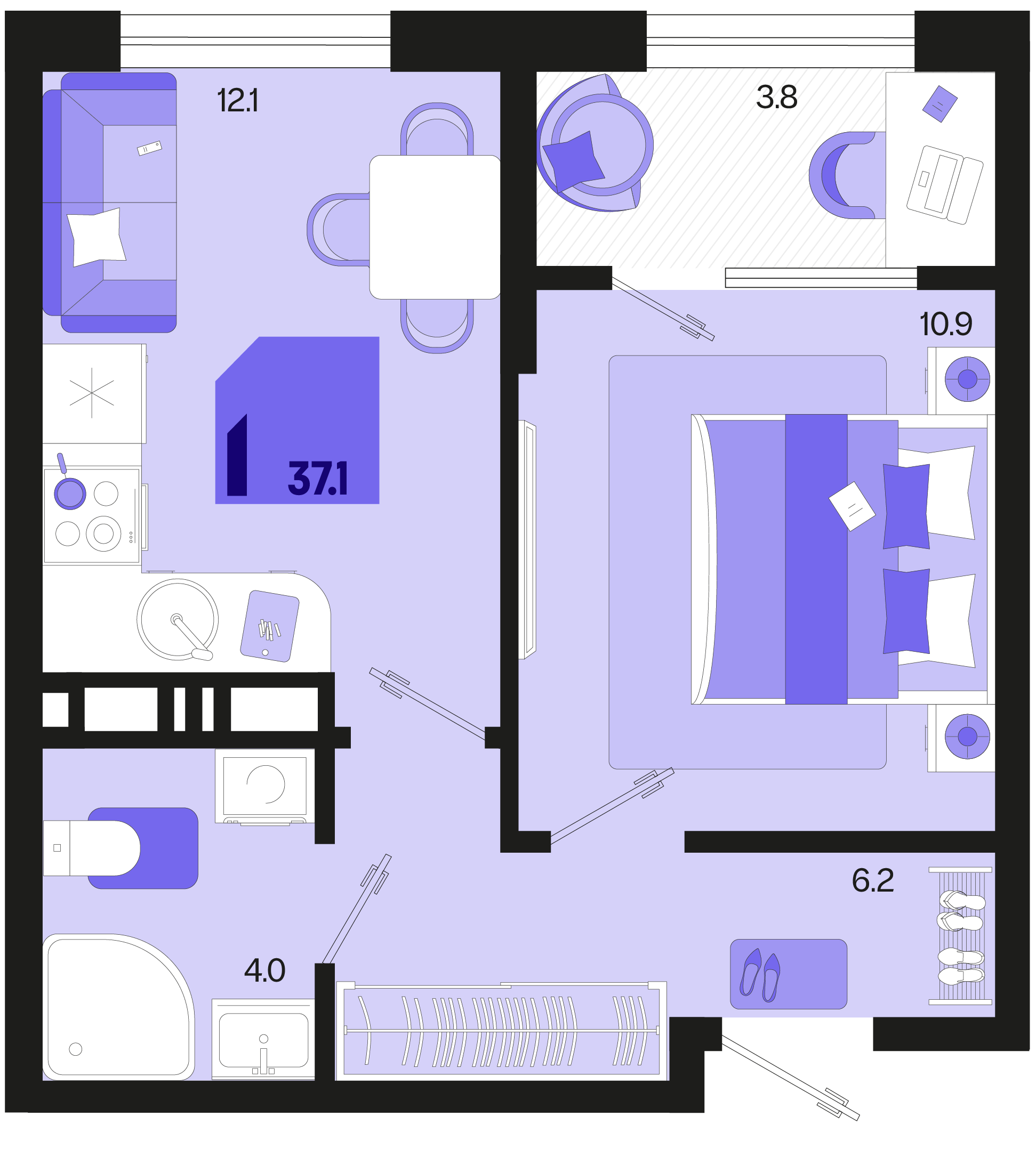 Планировка 1-комнатная 37,1 м²