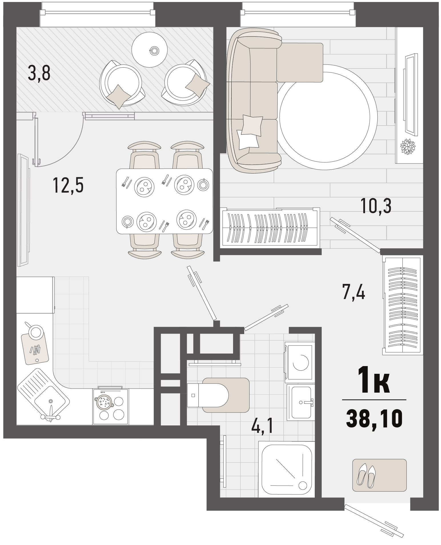 Планировка 1-комнатная 38,1 м²