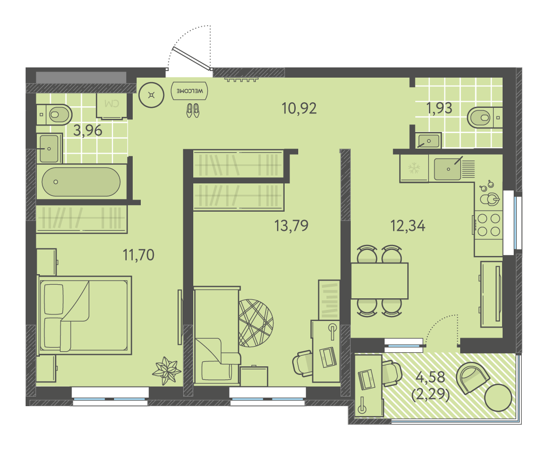 Планировка 2-комнатная 58,1 м²