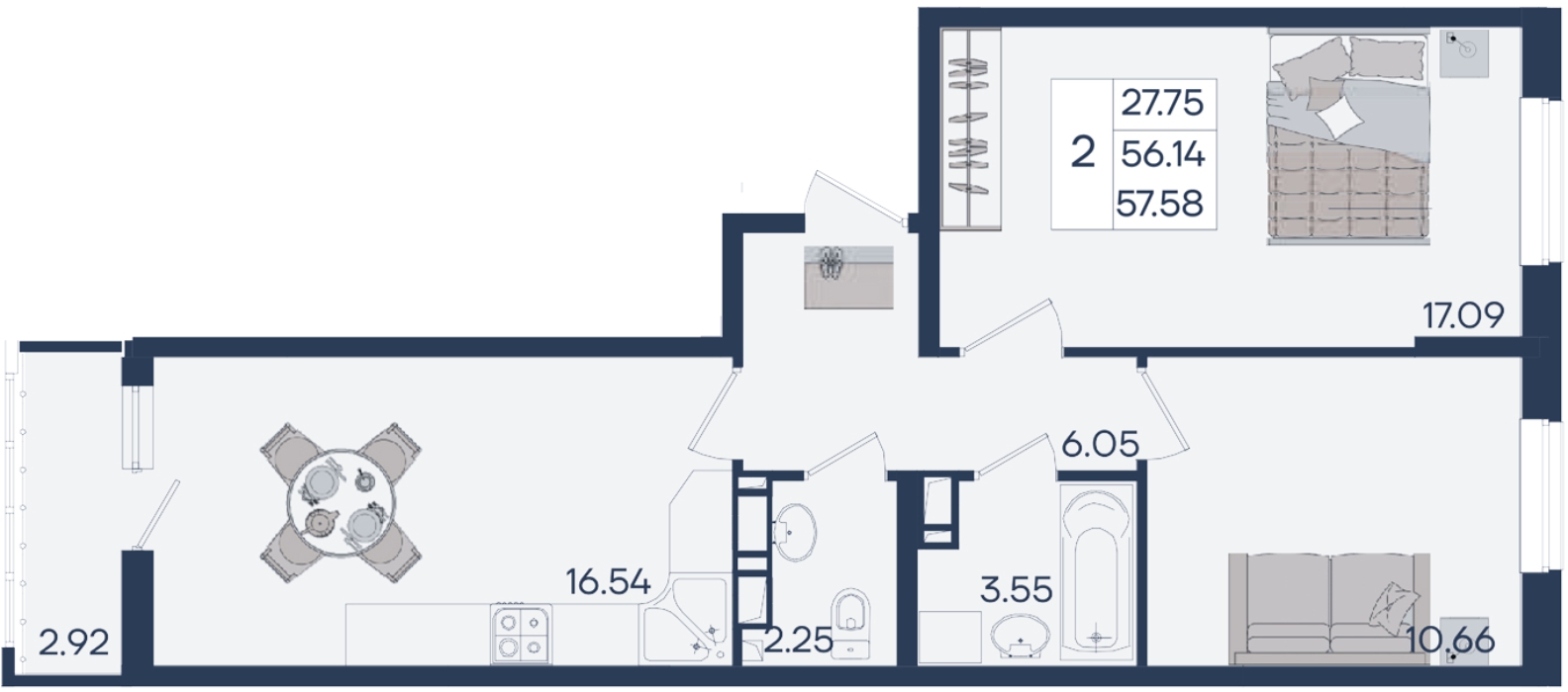 Планировка: 2-комн. квартира 57,6 м²