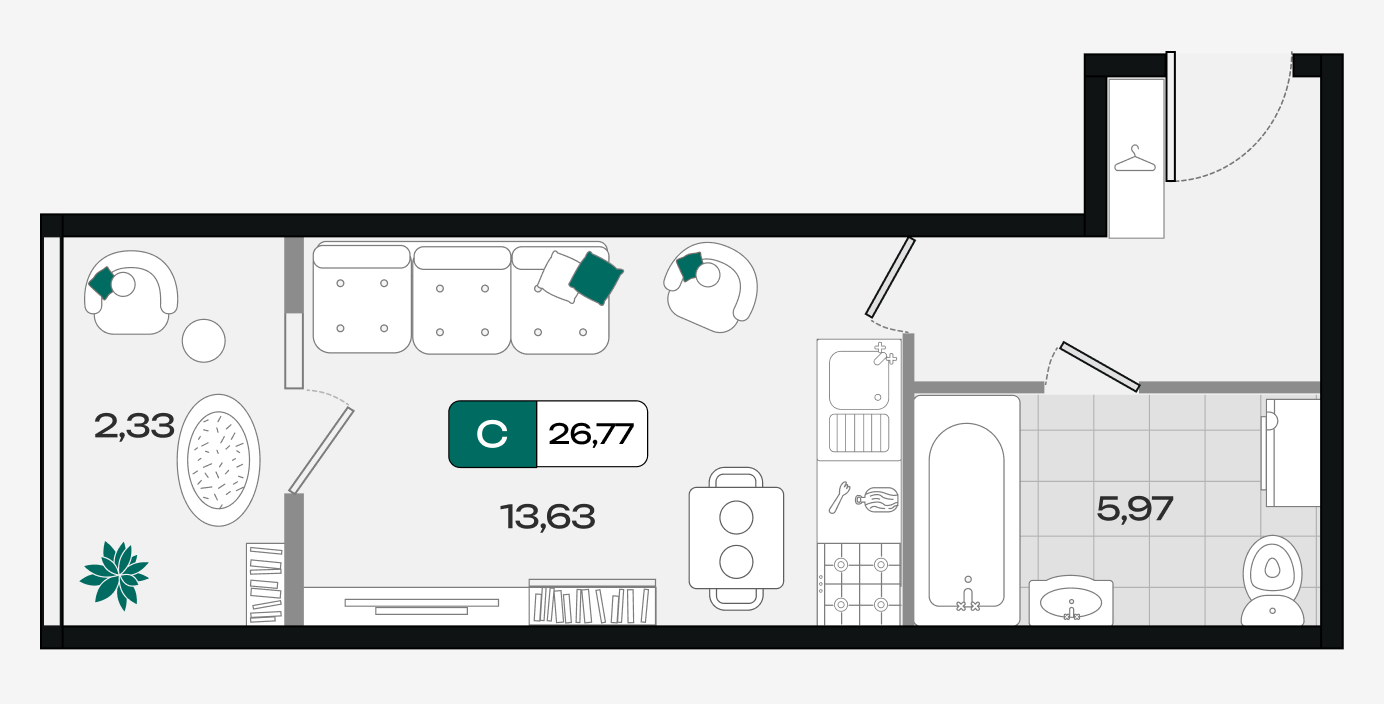 Планировка: Студия 26,8 м²