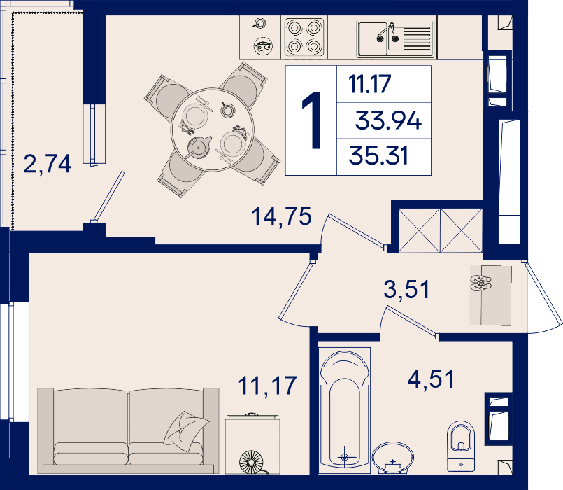 Планировка: 1-комн. квартира 35,3 м²
