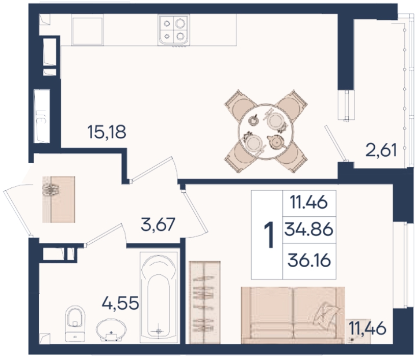 Планировка: 1-комн. квартира 36,2 м²