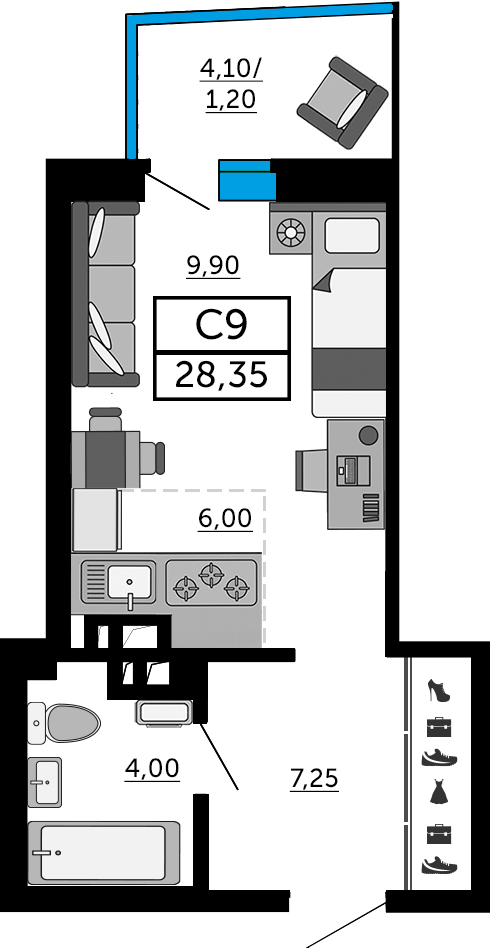 Планировка Студия 28,05 м²