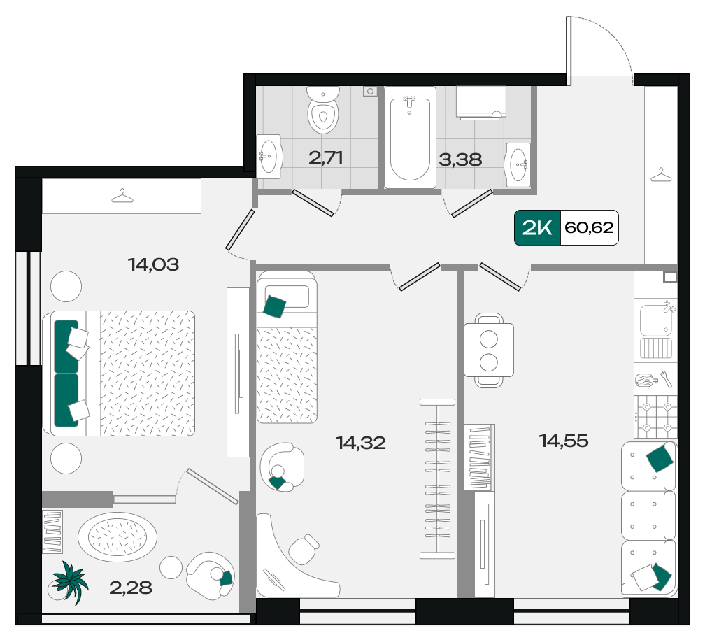 Планировка: 2-комн. квартира 60,6 м²