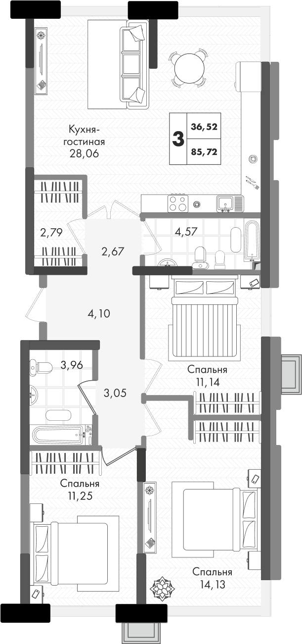 Планировка 3-комнатная 85,72 м²