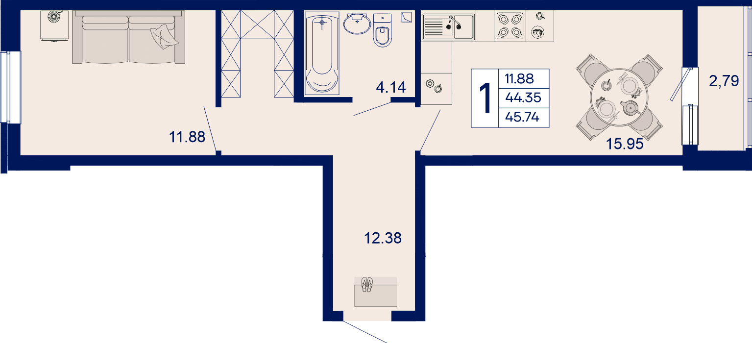 Планировка: 1-комн. квартира 45,7 м²