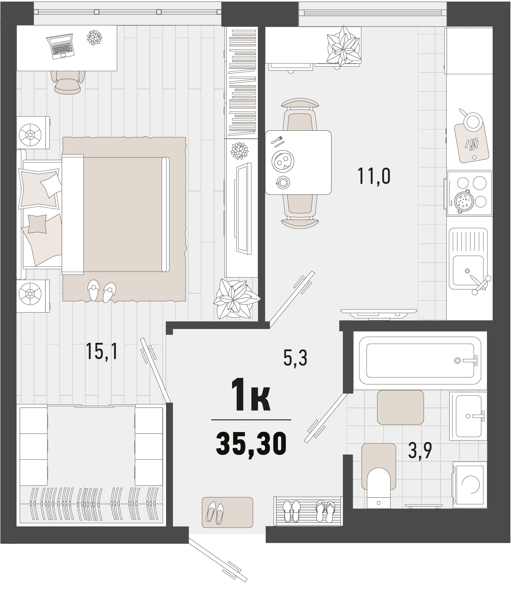 Планировка 1-комнатная 35,3 м²