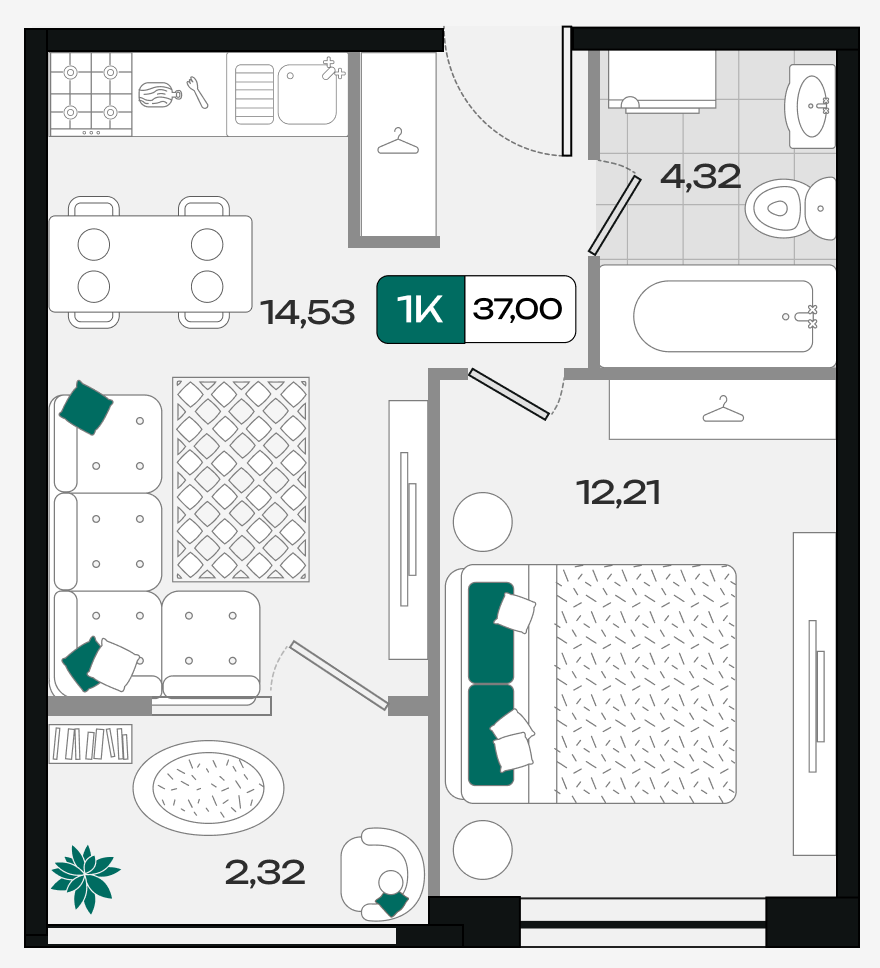 Планировка 1-комнатная 37 м²