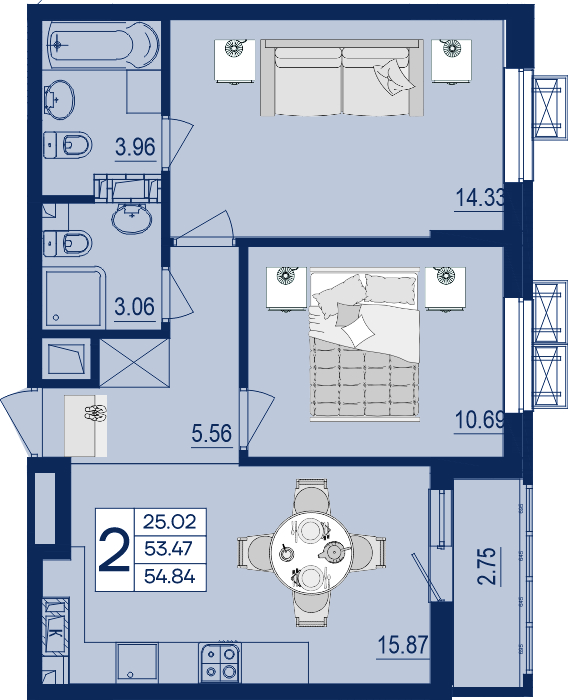 Планировка: 2-комн. квартира 54,8 м²