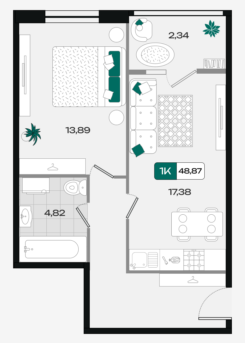 Планировка: 1-комн. квартира 48,9 м²