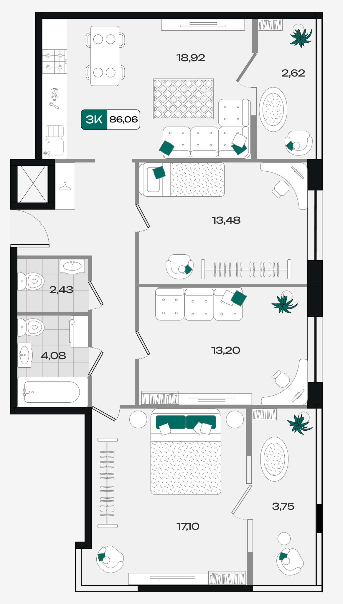 Планировка: 3-комн. квартира 86,1 м²