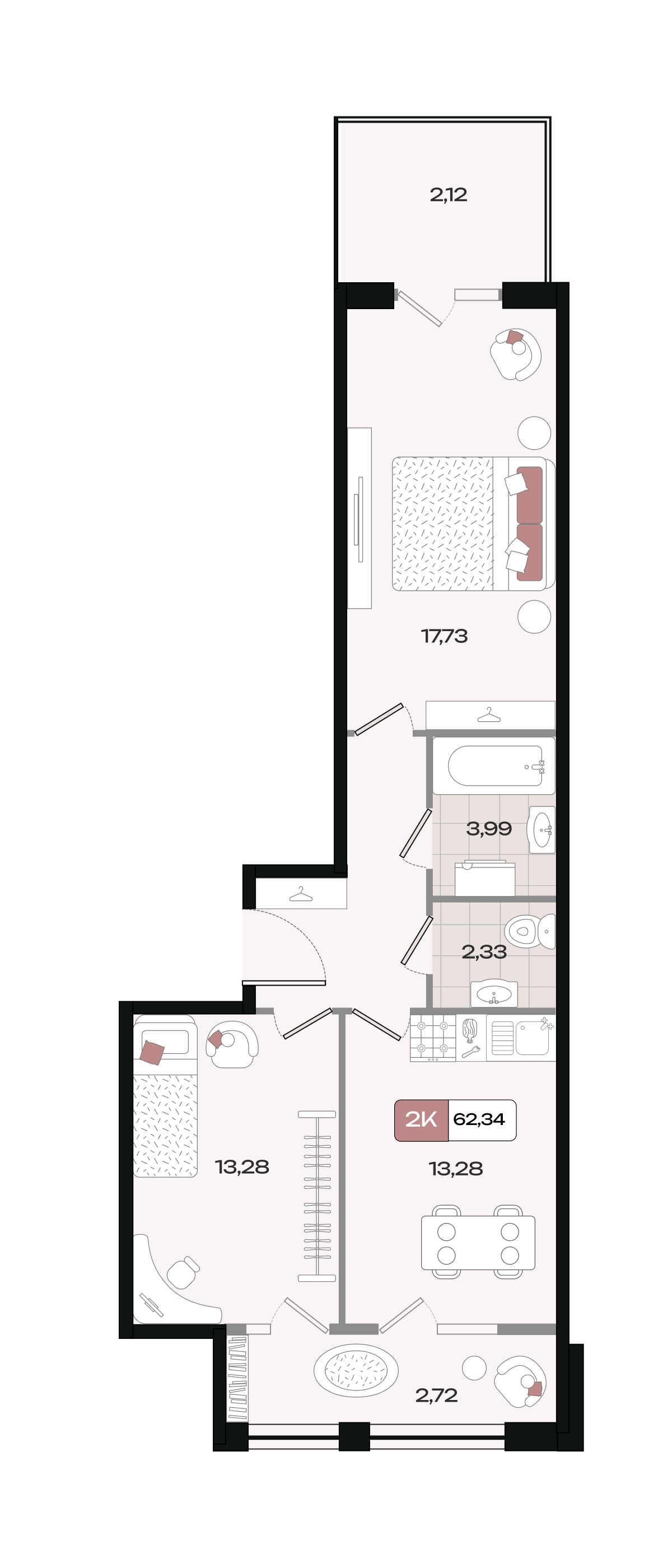 Планировка 2-комнатная 62,34 м²
