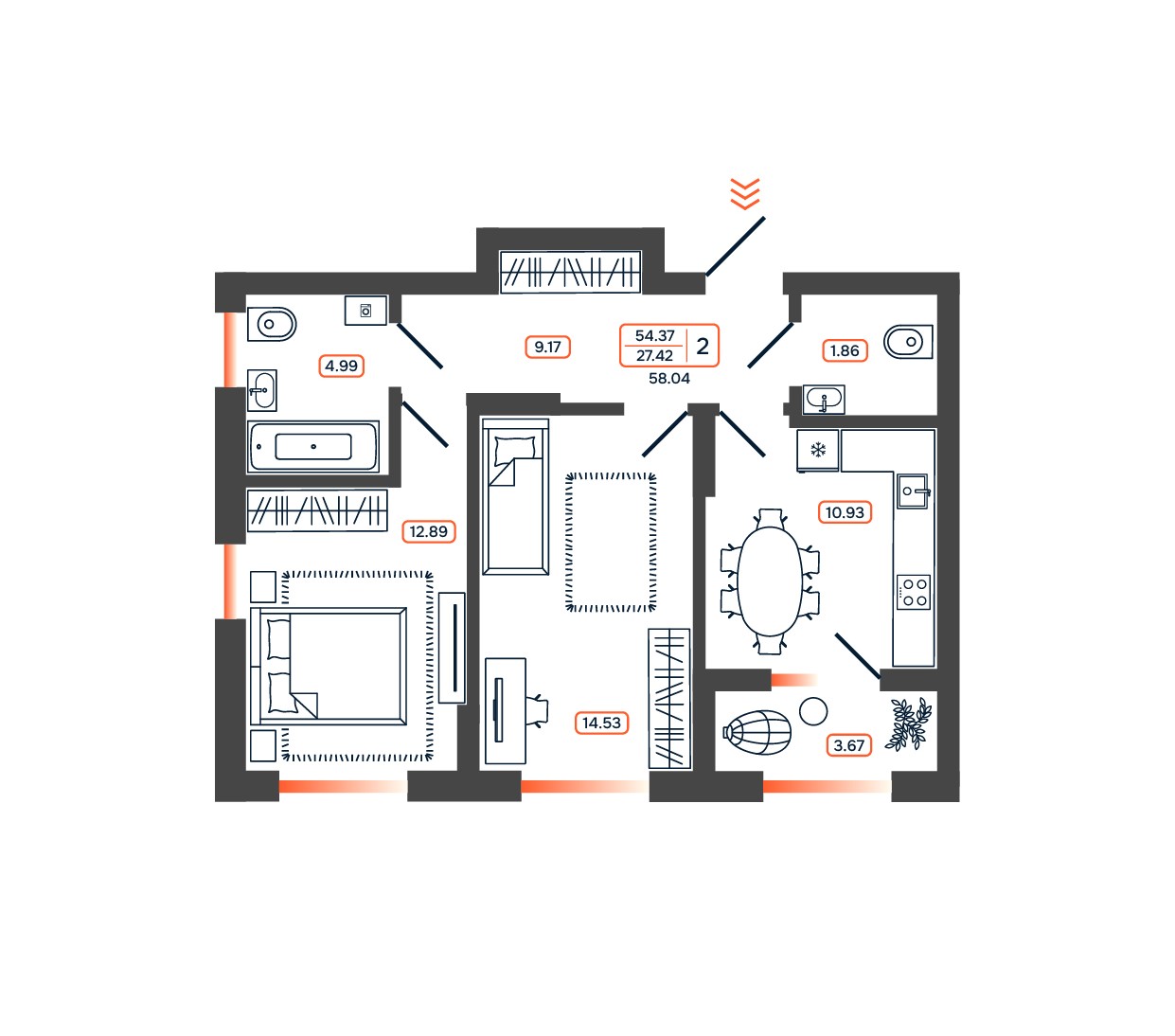 Планировка: 2-комн. квартира 58 м²