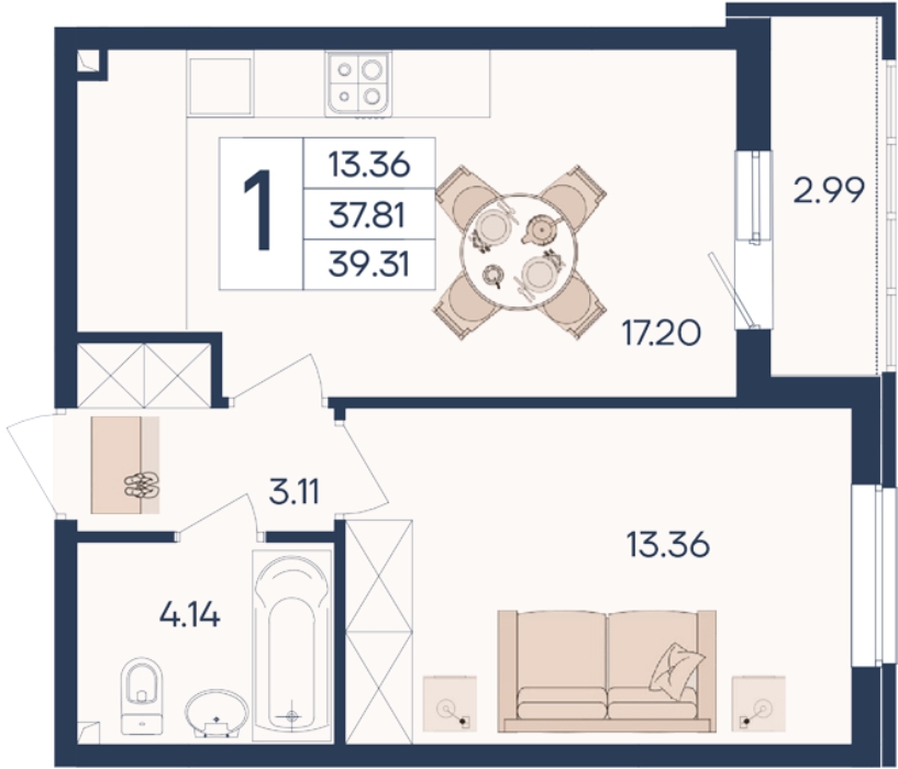 Планировка: 1-комн. квартира 39,3 м²