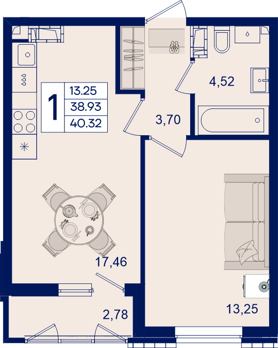 Планировка 1-комнатная 40,32 м²