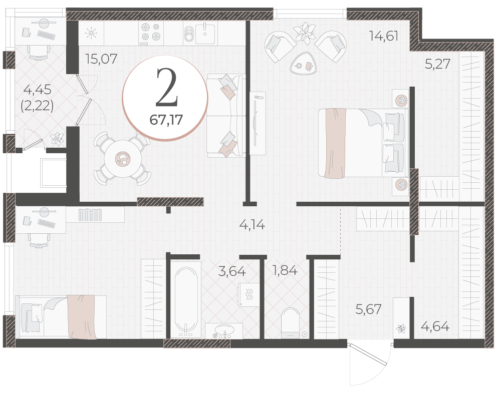 Планировка 2-комнатная 67,17 м²