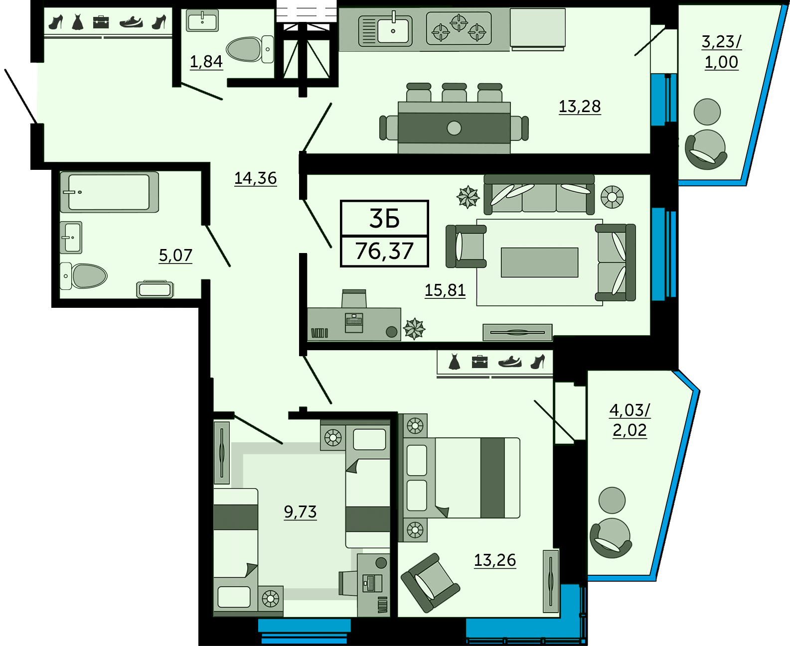 Планировка 3-комнатная 76,7 м²