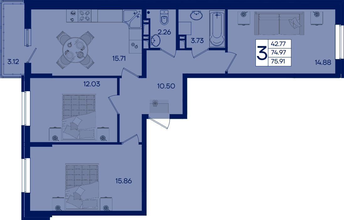 Планировка: 3-комн. квартира 75,9 м²