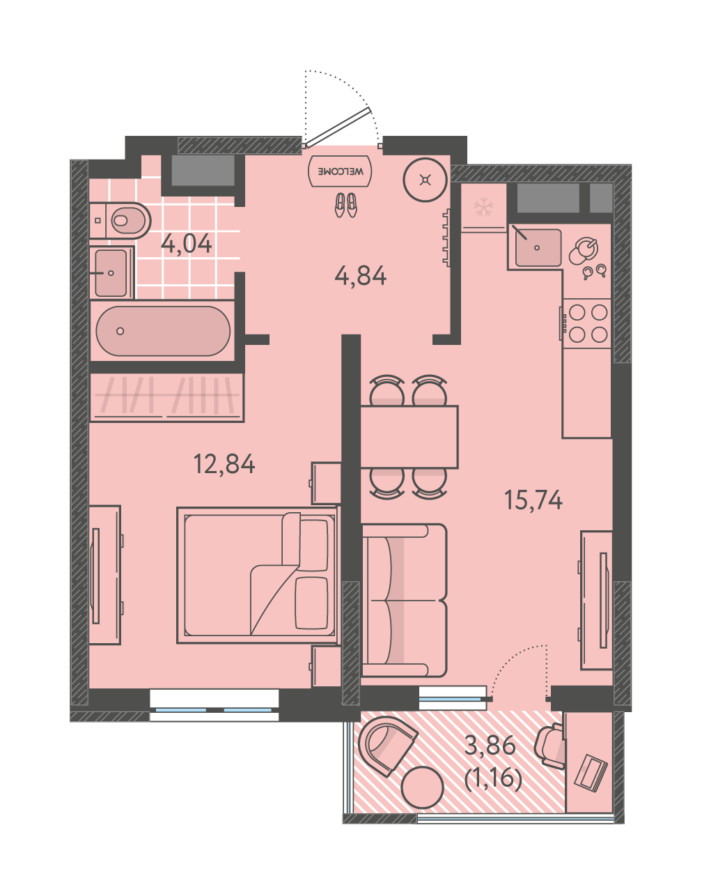 Планировка 1-комнатная 38,62 м²