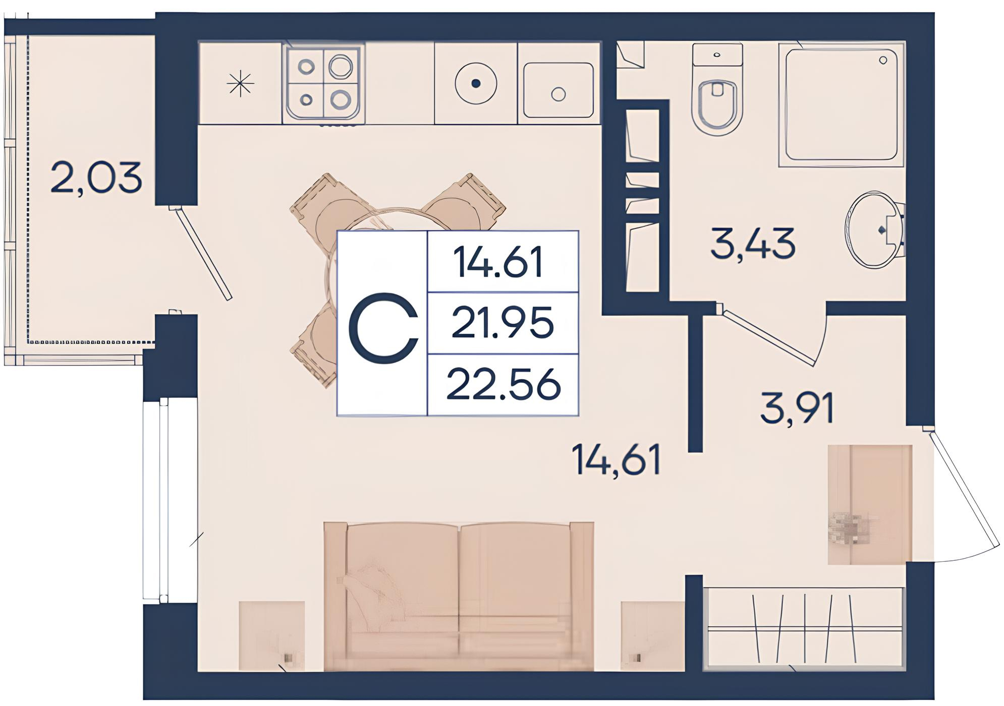 Планировка Студия 22,56 м²