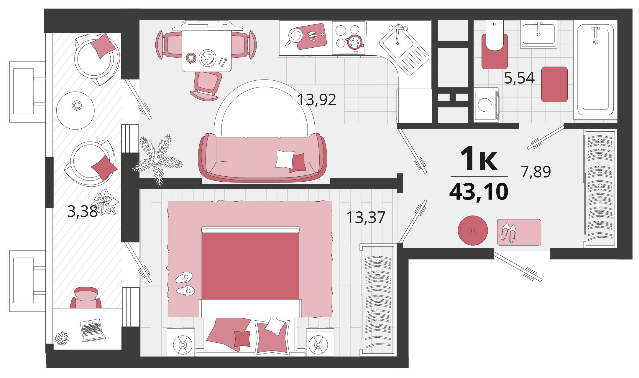 Планировка 1-комнатная 42,95 м²