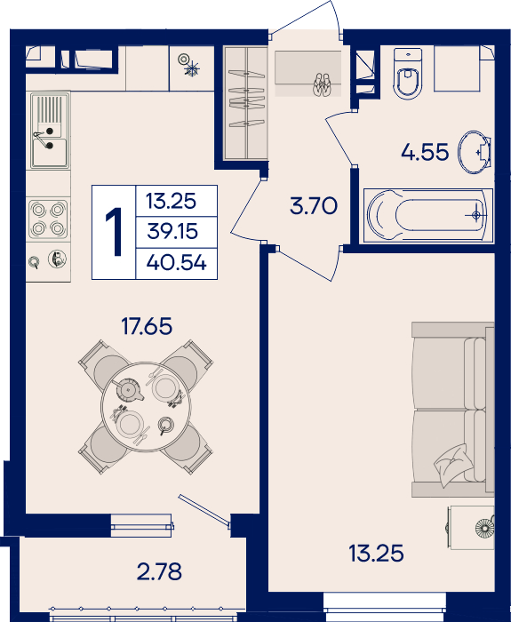 Планировка: 1-комн. квартира 40,5 м²