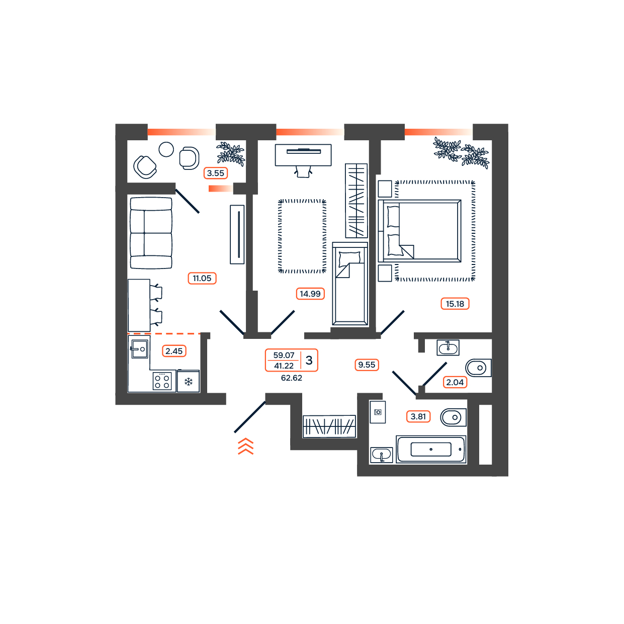 Планировка: 3-комн. квартира 62,6 м²
