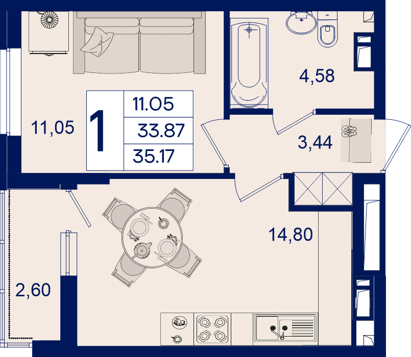 Планировка: 1-комн. квартира 35,2 м²