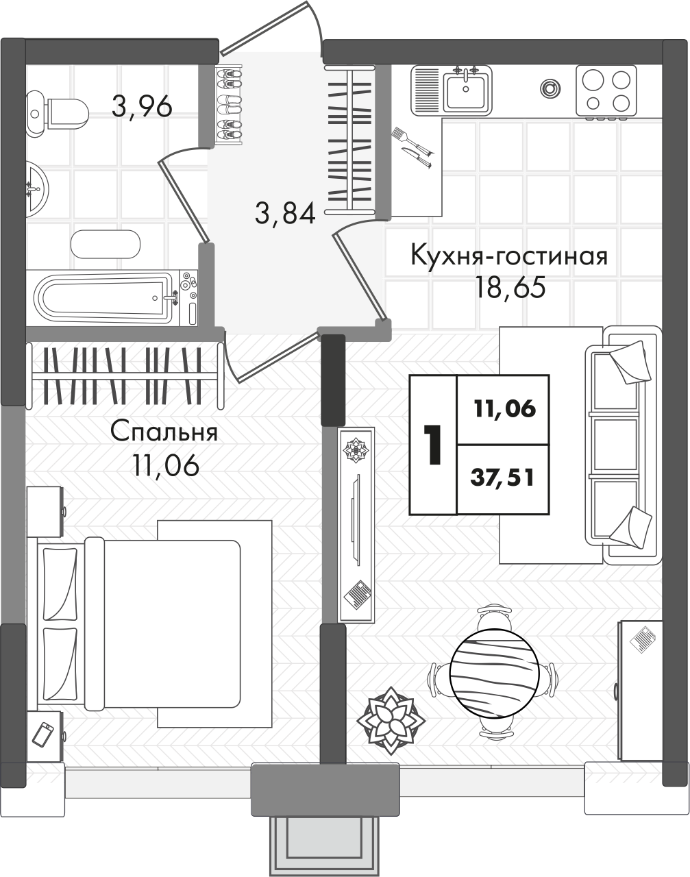 Планировка: 1-комн. квартира 37,5 м²