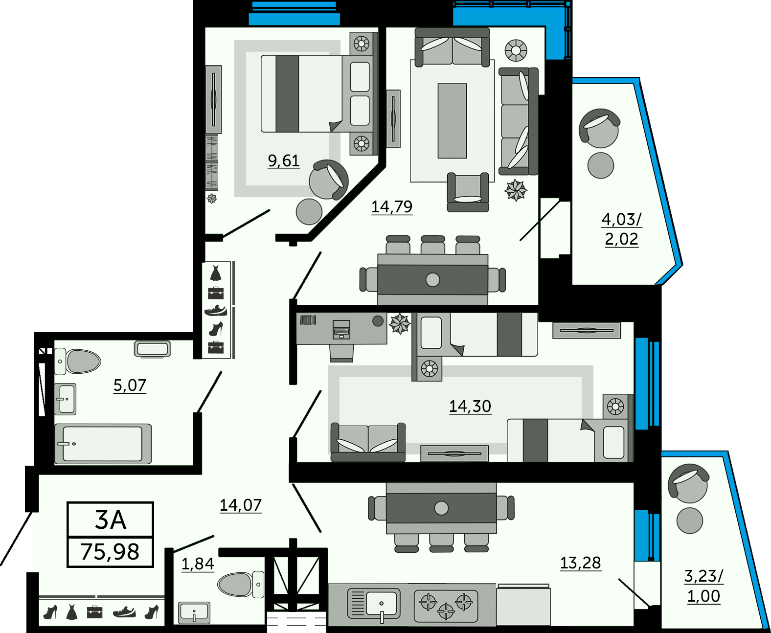 Планировка 3-комнатная 76,2 м²