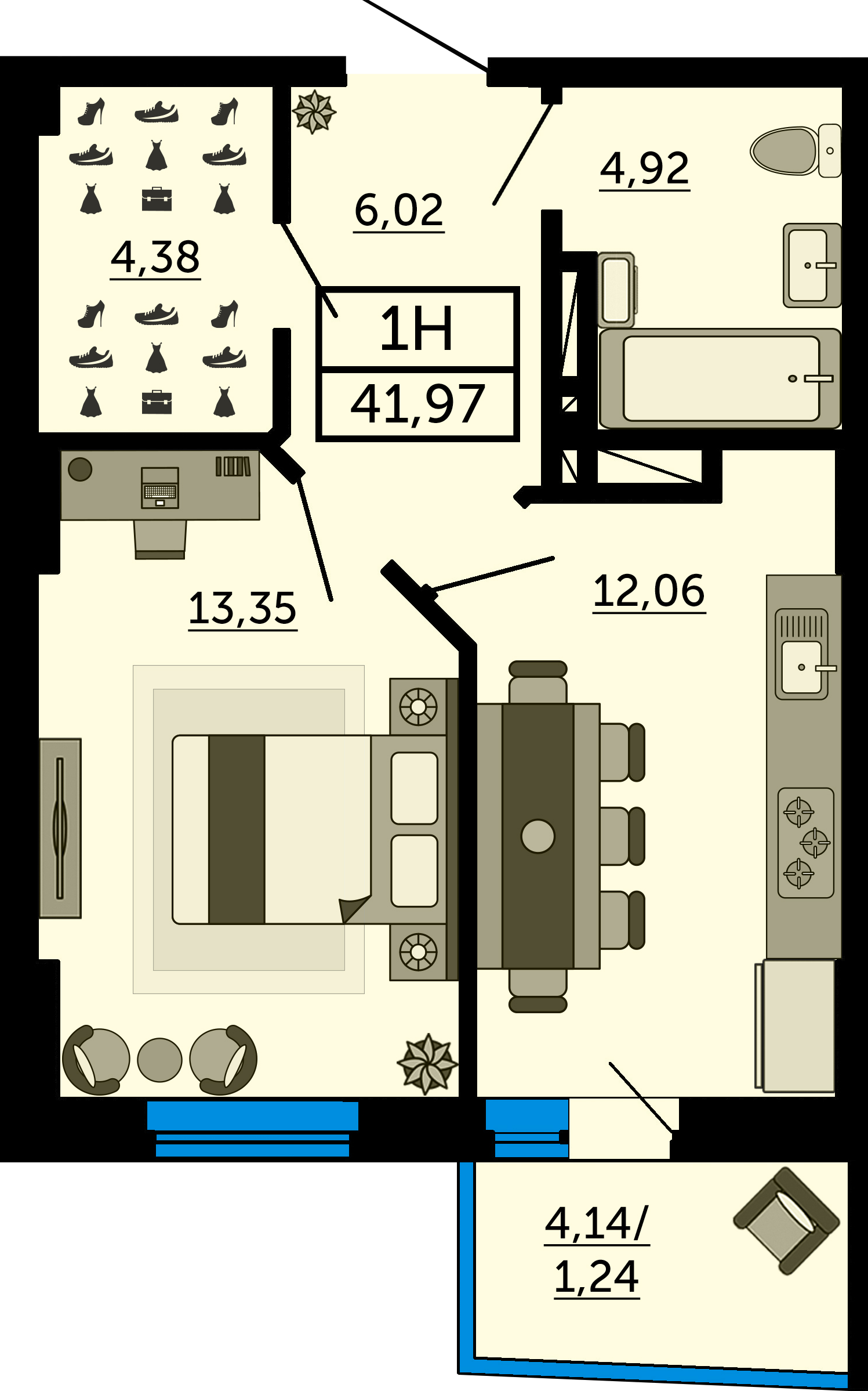 Планировка 1-комнатная 41,6 м²