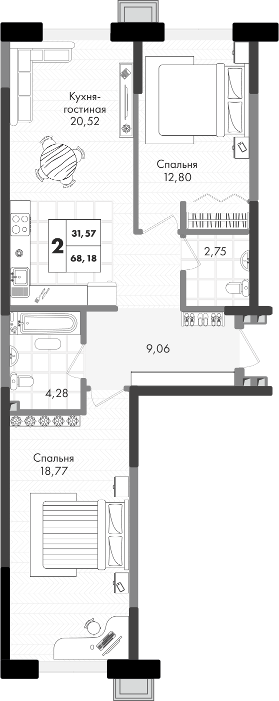 Планировка 2-комнатная 68,18 м²