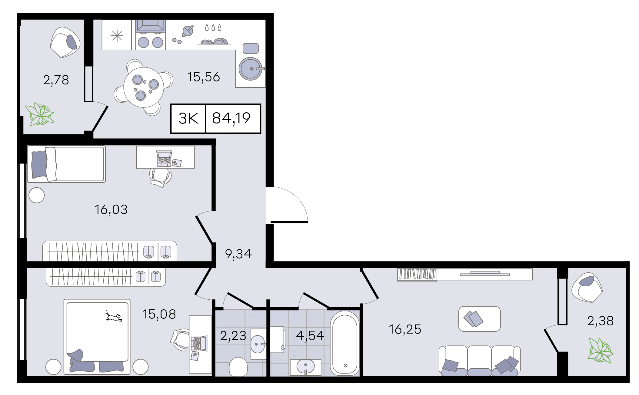 Планировка 3-комнатная 84,19 м²