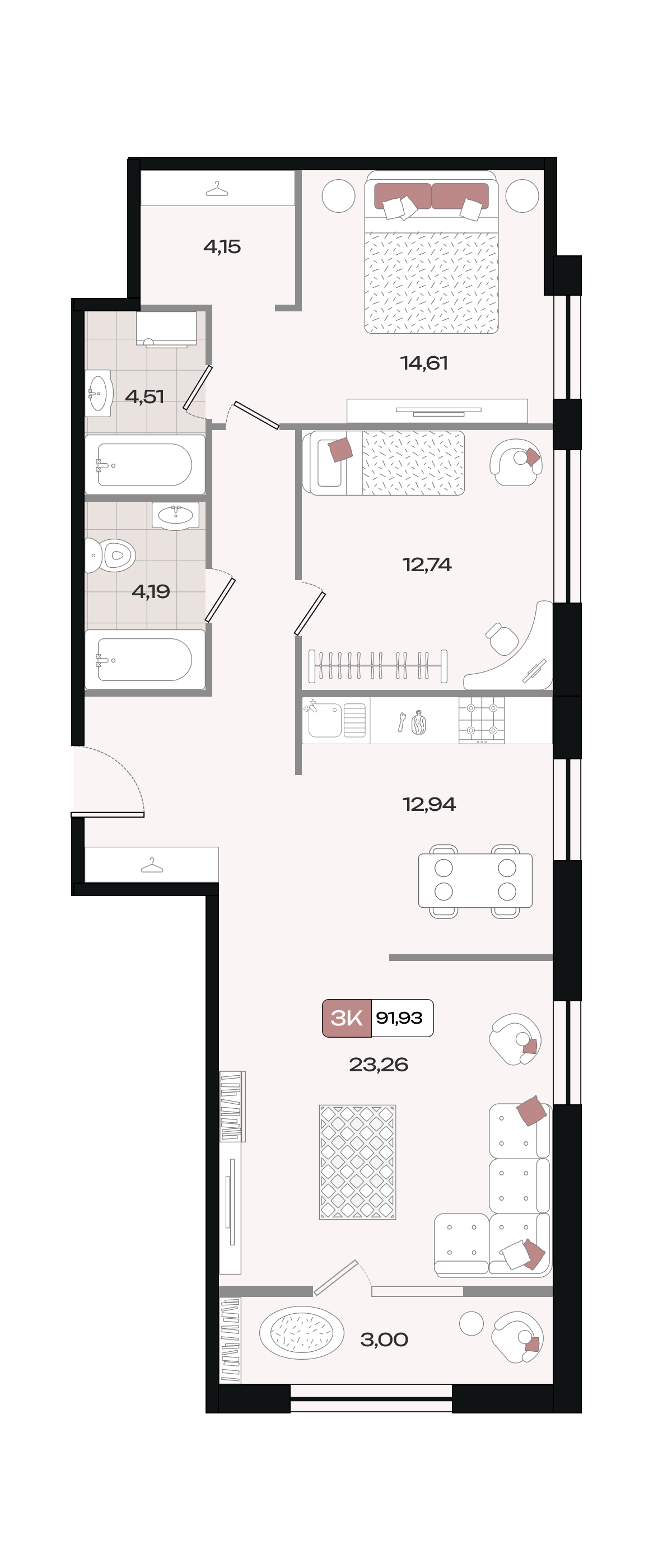 Планировка 3-комнатная 91,93 м²