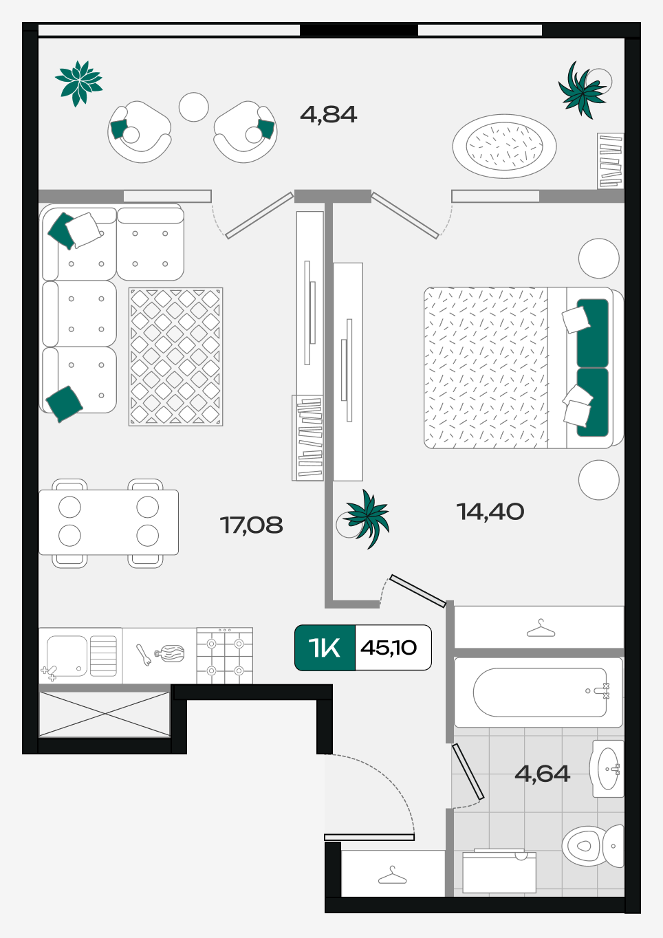 Планировка: 1-комн. квартира 45,1 м²